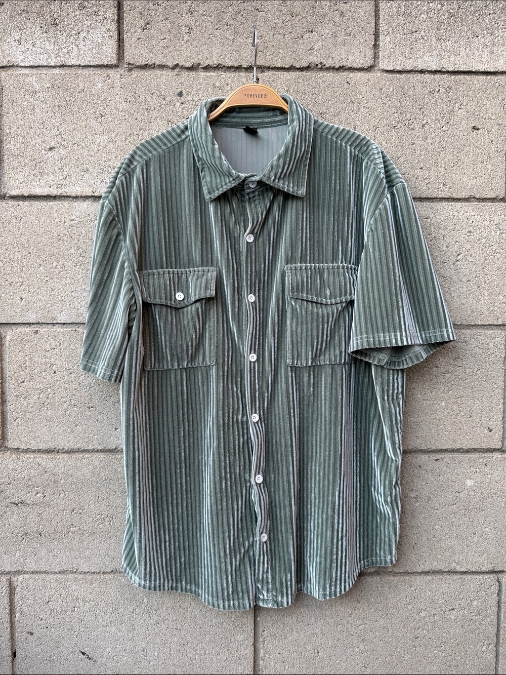 Short-Sleeve Corded Button-Up Shirt - Sage Green
